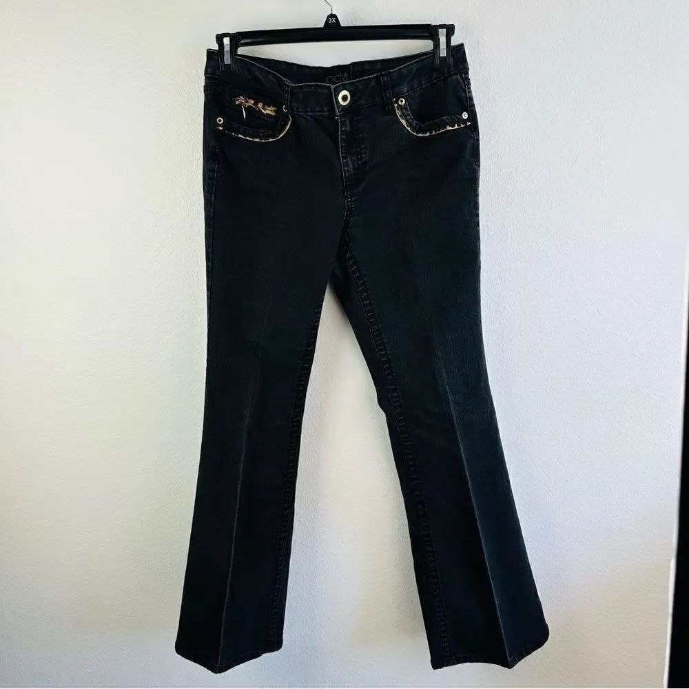 Cache Black Denim Animal Print Accent‎ Flare Jeans